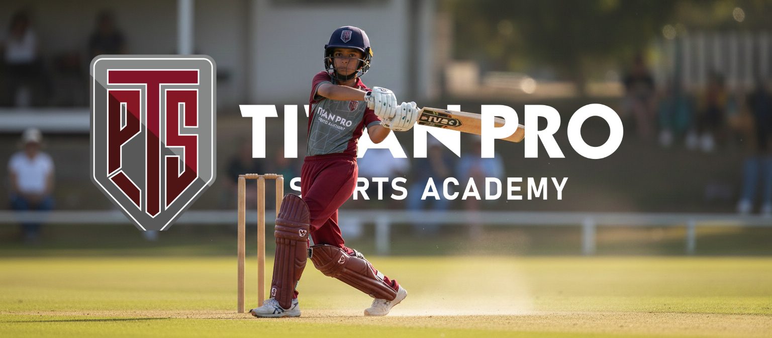 Young cricketer playing a professional batting shot at Titan Pro Sports Academy, a leading cricket academy in Dubai offering weekend coaching for school students.